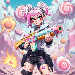 A fierce and stylish candy girl with bright pastel hair, dressed in an edgy yet fashionable outfit adorned with candy motifs, standing confidently in a dynamic warzone