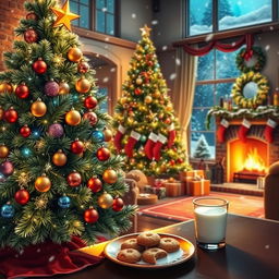 A vibrant Christmas scene featuring a beautifully decorated Christmas tree adorned with colorful ornaments, shimmering lights, and a star on top