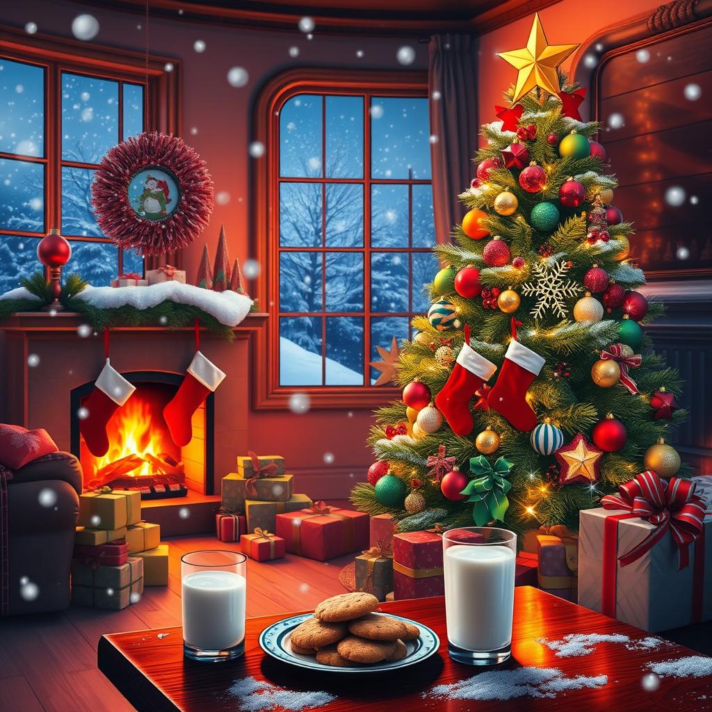 A vibrant Christmas scene featuring a beautifully decorated Christmas tree adorned with colorful ornaments, shimmering lights, and a star on top