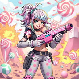 A fierce and stylish candy girl with bright pastel hair, dressed in an edgy yet fashionable outfit adorned with candy motifs, standing confidently in a dynamic warzone