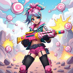 A fierce and stylish candy girl with bright pastel hair, dressed in an edgy yet fashionable outfit adorned with candy motifs, standing confidently in a dynamic warzone