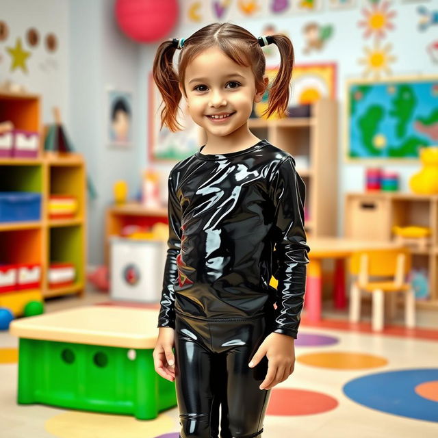 A young girl with short hair styled in pigtails, wearing shiny black latex leggings and a matching shiny black latex long-sleeved shirt, standing confidently in a colorful kindergarten classroom setting