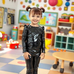 A young girl with short hair styled in pigtails, wearing shiny black latex leggings and a matching shiny black latex long-sleeved shirt, standing confidently in a colorful kindergarten classroom setting
