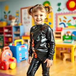 A young girl with short hair styled in pigtails, wearing shiny black latex leggings and a matching shiny black latex long-sleeved shirt, standing confidently in a colorful kindergarten classroom setting