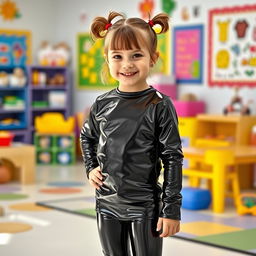 A young girl with short hair styled in pigtails, wearing shiny black latex leggings and a matching shiny black latex long-sleeved shirt, standing confidently in a colorful kindergarten classroom setting