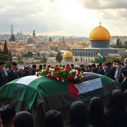 A poignant scene depicting the city of Jerusalem in the background, with its iconic golden Dome of the Rock