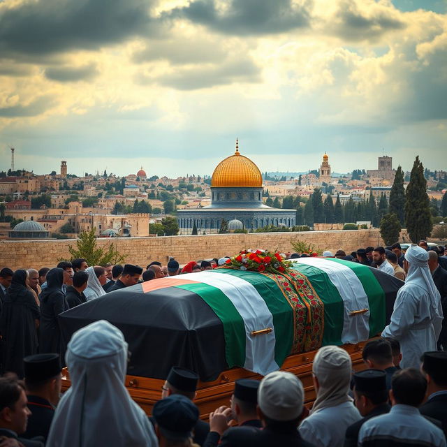 A poignant scene depicting the city of Jerusalem in the background, with its iconic golden Dome of the Rock