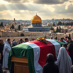 A poignant scene depicting the city of Jerusalem in the background, with its iconic golden Dome of the Rock