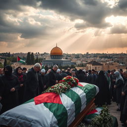 A poignant scene depicting the city of Jerusalem in the background, with its iconic golden Dome of the Rock