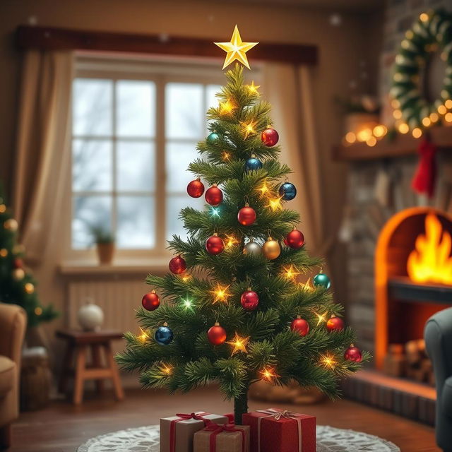 A simple, charming Christmas tree decorated with colorful ornaments, twinkling lights, and a shining star on top