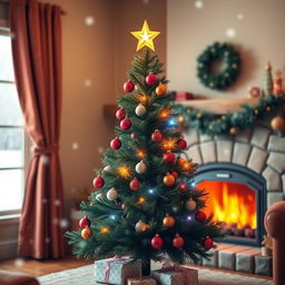 A simple, charming Christmas tree decorated with colorful ornaments, twinkling lights, and a shining star on top