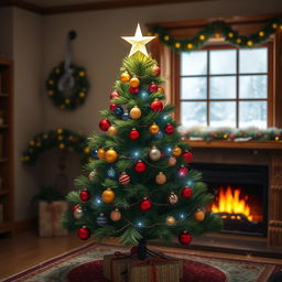 A simple, charming Christmas tree decorated with colorful ornaments, twinkling lights, and a shining star on top