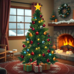 A simple, charming Christmas tree decorated with colorful ornaments, twinkling lights, and a shining star on top