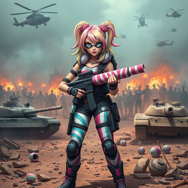 A badass candy girl from the VIPZ alliance, confidently standing with a colorful candy gun in a chaotic battlefield of the Last War