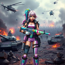A badass candy girl from the VIPZ alliance, confidently standing with a colorful candy gun in a chaotic battlefield of the Last War