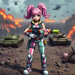 A badass candy girl from the VIPZ alliance, confidently standing with a colorful candy gun in a chaotic battlefield of the Last War