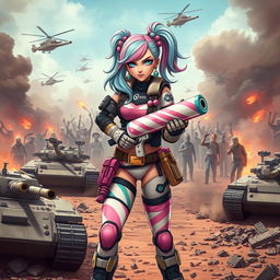 A badass candy girl from the VIPZ alliance, confidently standing with a colorful candy gun in a chaotic battlefield of the Last War