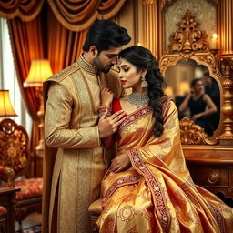 A romantic scene set in a lavish Indian palace, depicting a king and queen in an intimate moment