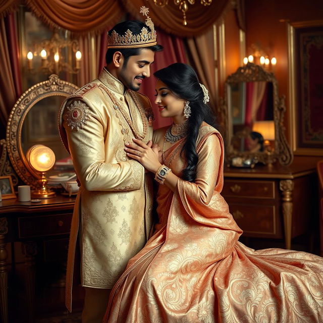 A romantic scene set in a lavish Indian palace, depicting a king and queen in an intimate moment