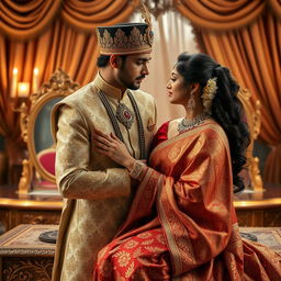 A romantic scene set in a lavish Indian palace, depicting a king and queen in an intimate moment