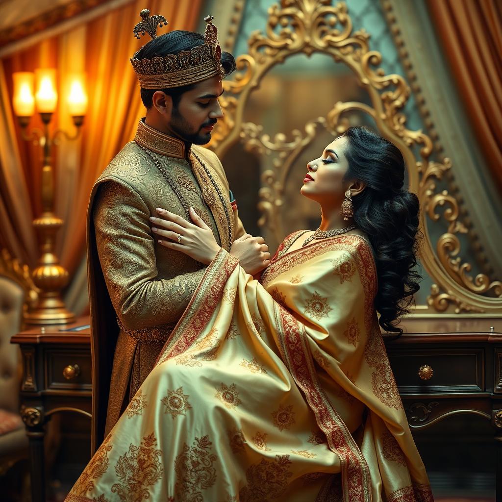 A romantic scene set in a lavish Indian palace, depicting a king and queen in an intimate moment