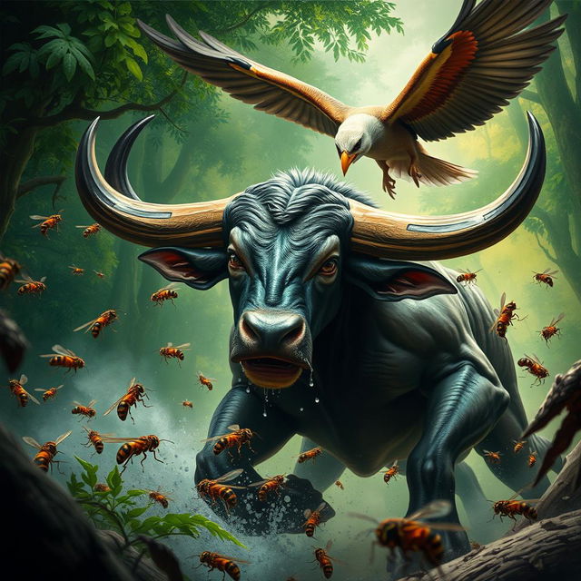 A dramatic scene depicting a banteng (wild bull) battling a swarm of wasps and a large eagle (garuda) in a mythical forest