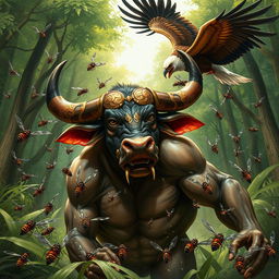 A dramatic scene depicting a banteng (wild bull) battling a swarm of wasps and a large eagle (garuda) in a mythical forest