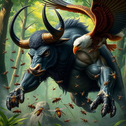 A dramatic scene depicting a banteng (wild bull) battling a swarm of wasps and a large eagle (garuda) in a mythical forest