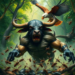 A dramatic scene depicting a banteng (wild bull) battling a swarm of wasps and a large eagle (garuda) in a mythical forest
