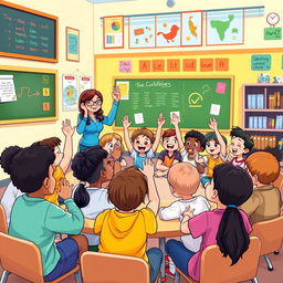 An illustration depicting a vibrant group of diverse school children engaging in an interactive word speaking activity in a classroom