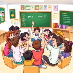 An illustration depicting a vibrant group of diverse school children engaging in an interactive word speaking activity in a classroom