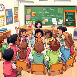 An illustration depicting a vibrant group of diverse school children engaging in an interactive word speaking activity in a classroom