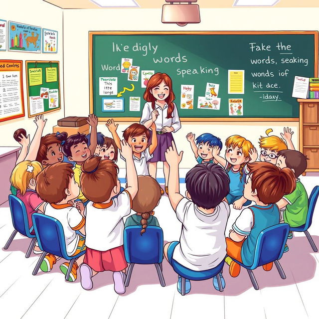 An illustration depicting a vibrant group of diverse school children engaging in an interactive word speaking activity in a classroom