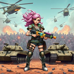 A badass candy girl from the VIPZ alliance, standing fiercely with a colorful candy gun in her hand amidst the chaos of the Last War