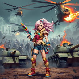 A badass candy girl from the VIPZ alliance, standing fiercely with a colorful candy gun in her hand amidst the chaos of the Last War