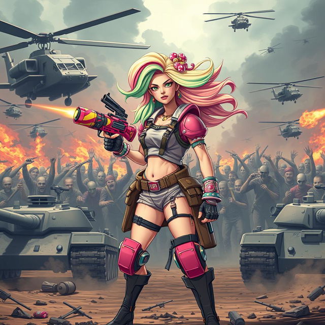 A badass candy girl from the VIPZ alliance, standing fiercely with a colorful candy gun in her hand amidst the chaos of the Last War