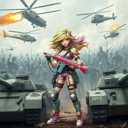 A badass candy girl from the VIPZ alliance, standing fiercely with a colorful candy gun in her hand amidst the chaos of the Last War