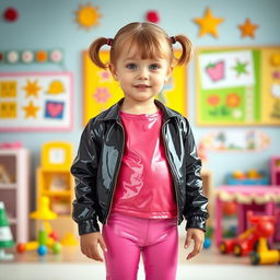 A preschool girl with short hair styled in pigtails stands confidently in a kindergarten setting