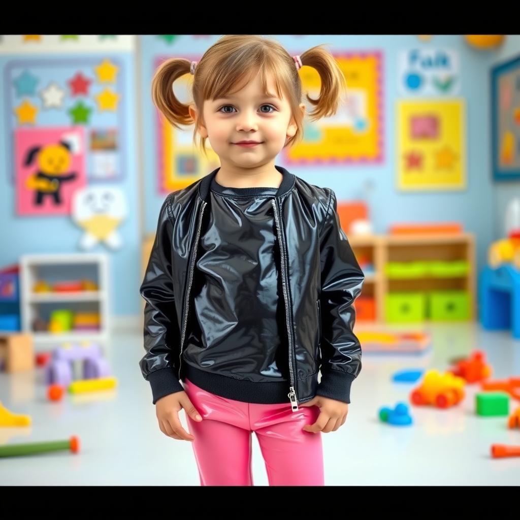 A preschool girl with short hair styled in pigtails stands confidently in a kindergarten setting