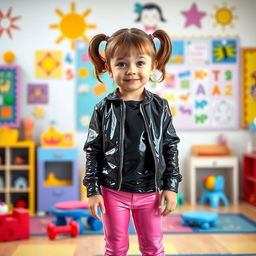 A preschool girl with short hair styled in pigtails stands confidently in a kindergarten setting