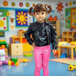 A preschool girl with short hair styled in pigtails stands confidently in a kindergarten setting