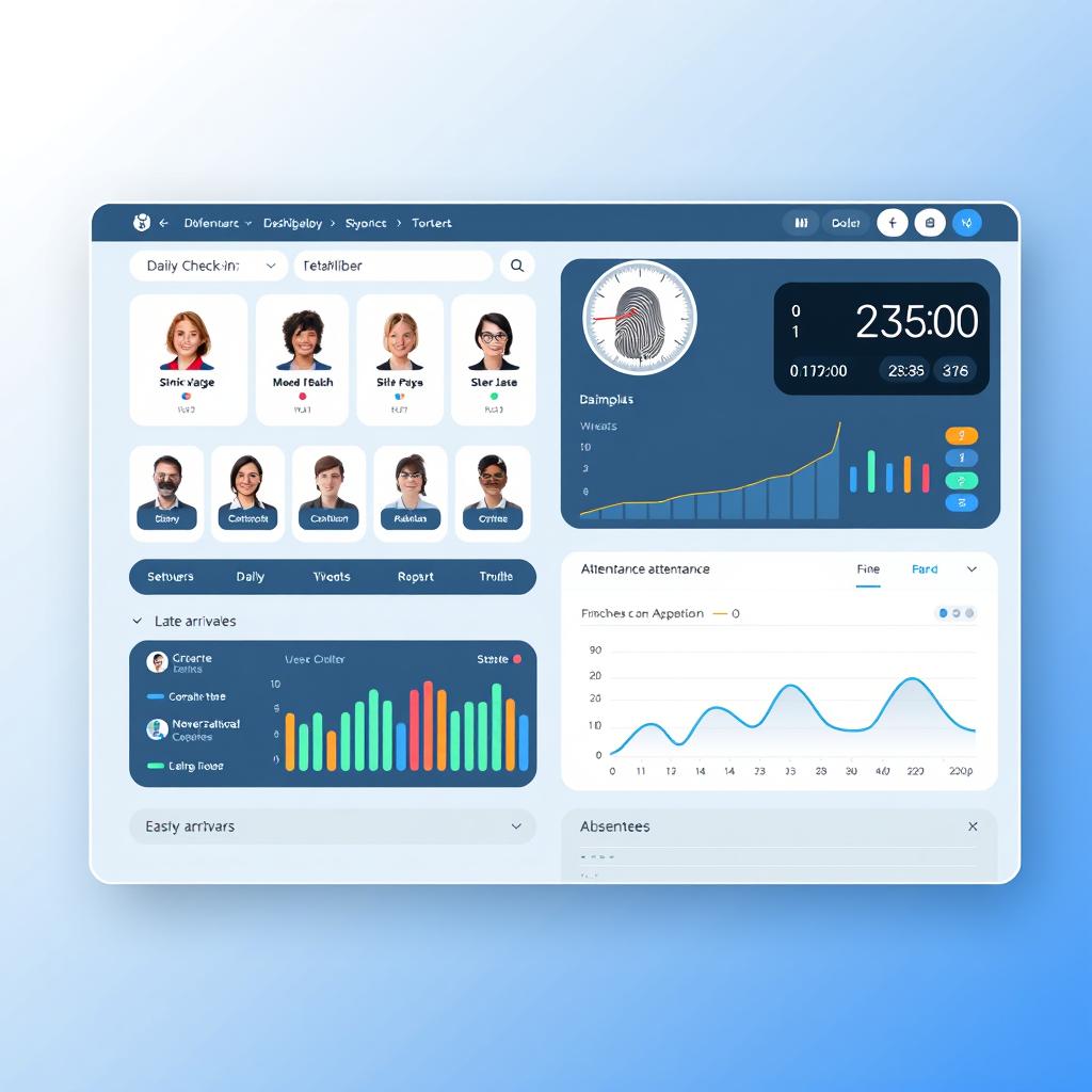 A professional biometrics attendance dashboard interface design, showcasing clear, easy-to-read attendance statistics, multiple user profiles with biometric images, a large digital clock displaying the current time, and colorful graphs visualizing attendance trends