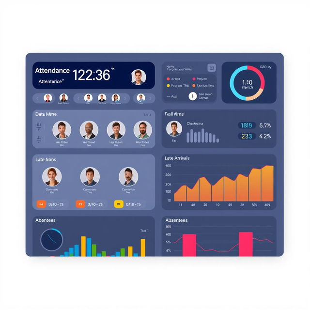 A professional biometrics attendance dashboard interface design, showcasing clear, easy-to-read attendance statistics, multiple user profiles with biometric images, a large digital clock displaying the current time, and colorful graphs visualizing attendance trends