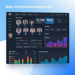 A professional biometrics attendance dashboard interface design, showcasing clear, easy-to-read attendance statistics, multiple user profiles with biometric images, a large digital clock displaying the current time, and colorful graphs visualizing attendance trends
