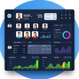 A professional biometrics attendance dashboard interface design, showcasing clear, easy-to-read attendance statistics, multiple user profiles with biometric images, a large digital clock displaying the current time, and colorful graphs visualizing attendance trends