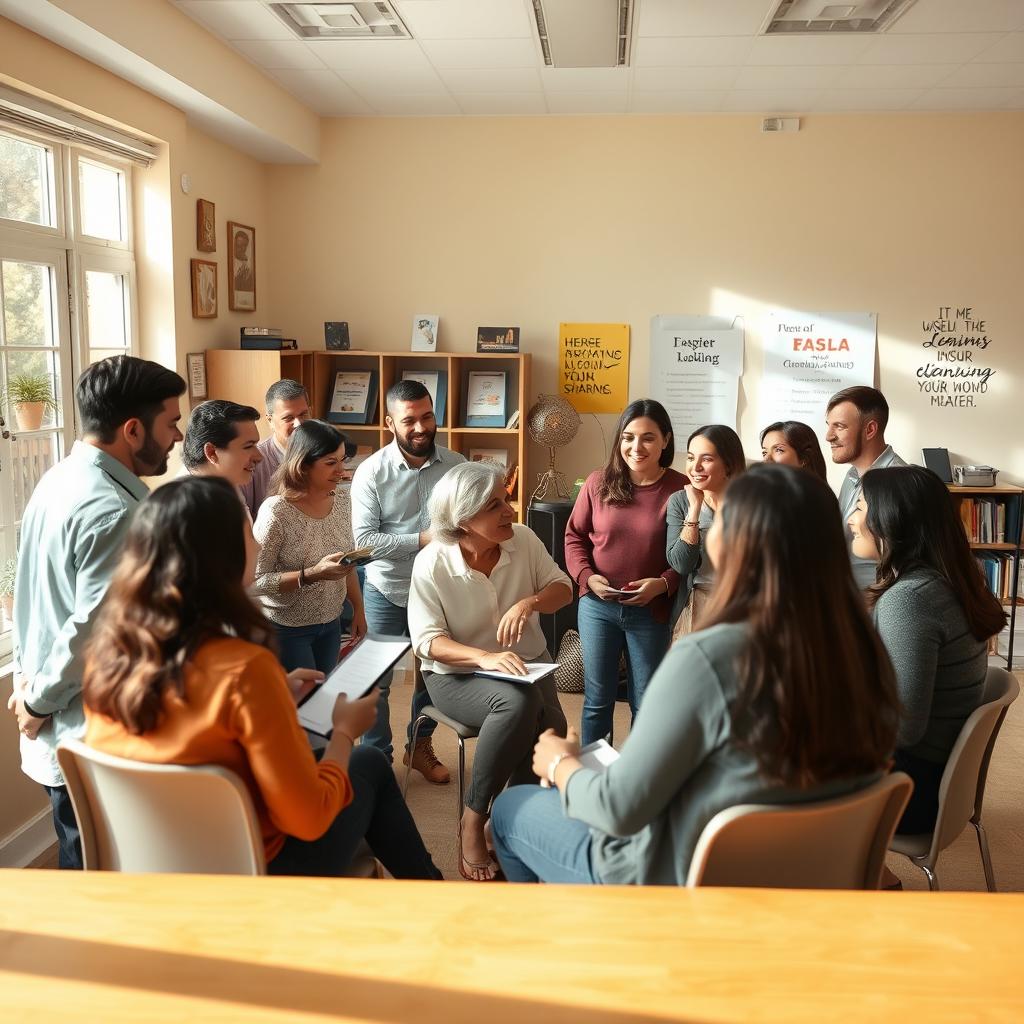 An engaging scene of a language speaking activity taking place in a warm and inviting classroom