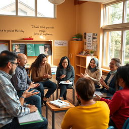 An engaging scene of a language speaking activity taking place in a warm and inviting classroom