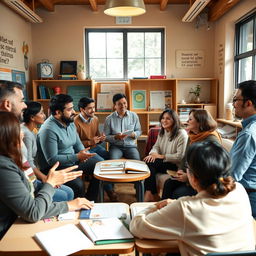 An engaging scene of a language speaking activity taking place in a warm and inviting classroom
