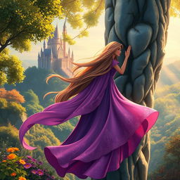 A whimsical and artistic interpretation of a fairy tale scene, featuring a young woman with long flowing hair cascading down a towering castle