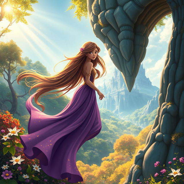 A whimsical and artistic interpretation of a fairy tale scene, featuring a young woman with long flowing hair cascading down a towering castle